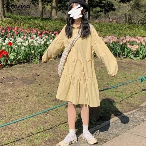 Knee Length Dresses Women Yellow Fresh Baggy Teenagers Bandage Sweet Solid Spring All-match Females Long Sleeve Fashion Popular