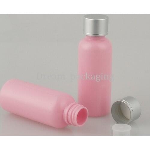 50Pcs/Lot 50ml Pink Plastic Essential Oil Bottle With matte silver aluminum screw cap. Toner Cosmetics Container