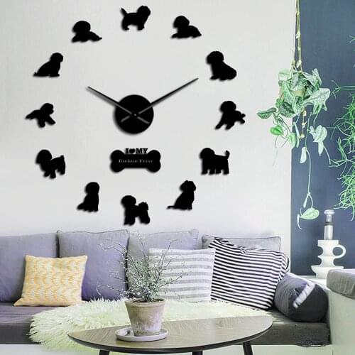 Bichon Frise Large 3D Mirror Effect Sticker Bichón Tenerife Silent Non Ticking Movement Wall Clock Bichon à poil frisé Big Watch