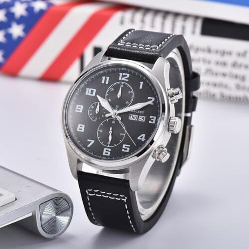 CORGEUT 41MM Mens Quartz Watch Luminous Hands Waterproof Multifunction Stainless steel Case Leather Strap Date Week Male Watch