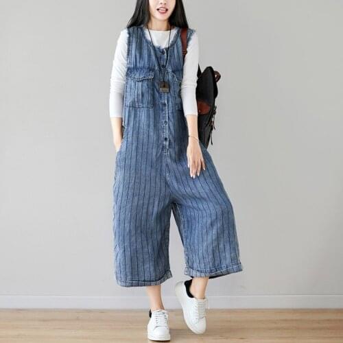 Summer Sleeveless Jean Jumpsuits Baggy Button pocket Cowboy Wide Leg Overalls Fashion Casual Rompers Female Loose Denim Bodysuit