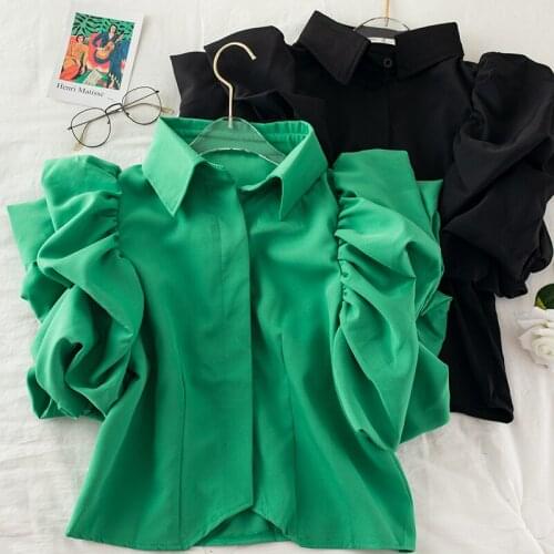 Elegant Court Style Short Blouse 2021 Autumn Spring Holiday Beach Green Blusas Turn Down Collar Puff Long Sleeve Shirt