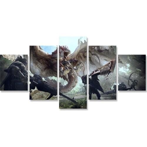 Monster Hunter World Hunter Rathalos Dragon Canvas Painting 5 Pieces Wall Decor Art Home Wall Pictures for Living Room