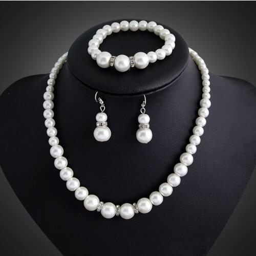 Classic Simulated Pearl Jewelry Silver Color Necklace /Earrings /Bracelet Wedding Jewelry Sets Bridal Accessories