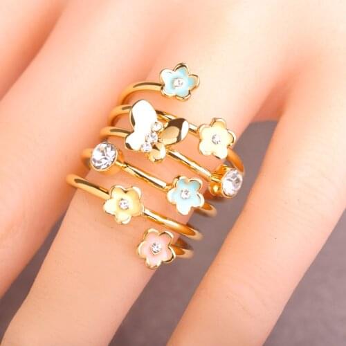 Blucome Enamel Esmalte Butterfly Flower Ring Gold Color Crystal Anillos Mujer Multilayer Rings For Women Party Accessories Anel