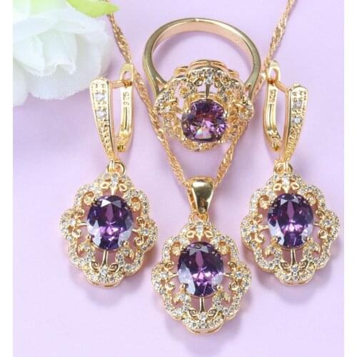 Fashion Jewelry For Women Set Chains And Earrings Purple Natural Crystal Romantic Wedding Ring Gold-Color Costume