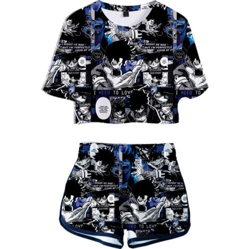 My Hero Academia Crop Short Suit Sweet Deku Cosplay T-shirt Pants Two Piece Set Women Tracksuit Outfit Summer Cute Matching