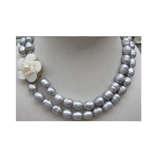 Beautiful 2 row natural 11-13mm south sea gray baroque pearl necklace 18" Factory Wholesale price Women Giftword Jewelry