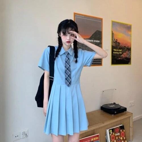 Hstar 2021 summer turn down collar solid girl high waist casual dress Japanese Harajuku prepply style simple Pleated dress