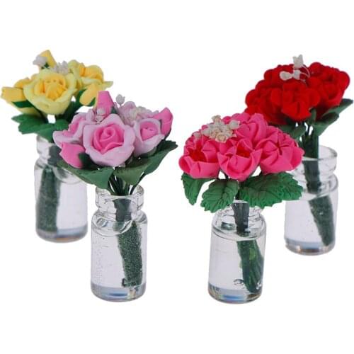 1/12 Scale Dollhouse Miniature Clay Flowers in Pot Planter for Dolls Garden Plant Room Living Room Doll House Decor Toy