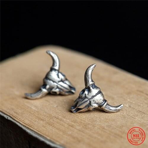 MKENDN 100% S925 Sterling Silver Men Women Sheep Head Skeleton Stud Earring Gothic Style Pubk Dark Style Ear Jewelry