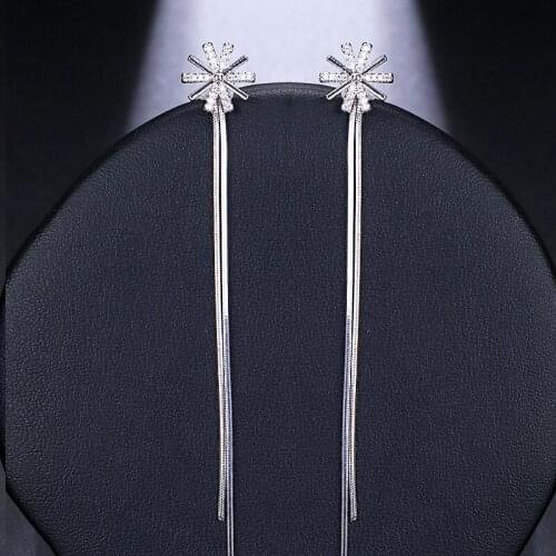 EMMAYA Fashion Snowflake Shiny Long Drop Earrings Jewelry AAA Zircon Silver Plated Link Chain Earrings For Women Gifts Wedding
