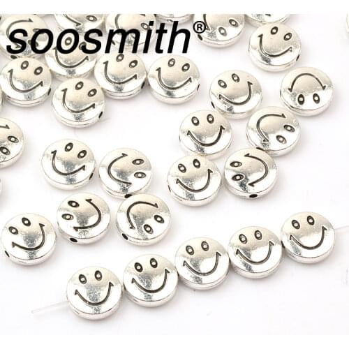 20pcs 10mm Flat Round Cake Metal Smiley Face Beads Zinc Alloy Beads For Jewelry Making DIY Charm Bracelet Accessorie Wholesale