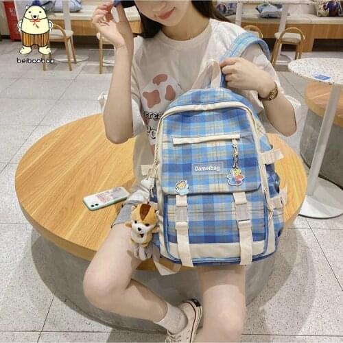 Japanese Plaid Backpack Fashionable Girl Travel bag Waterproof New Korean Large capacity Students Schoolbag Campus Stripe Style