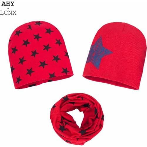 2 Pcs Hats + Scarf Set Baby Winter Hats Kids Boys Girls Wholesale Warm Children Cotton Stars Cap Infant Toddler Knitted Beanies