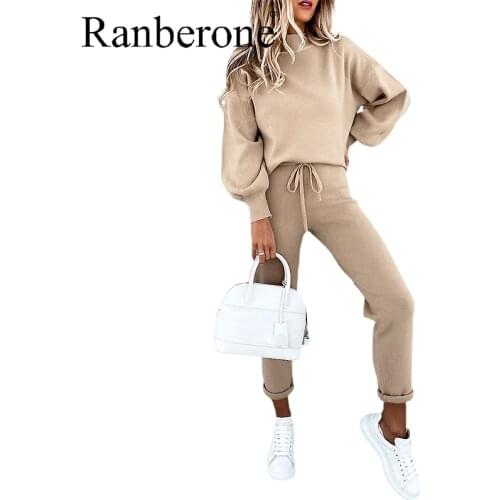 Ranberone 2 Pieces Set Sport Suit Female Solid Lantern Sleeve Top + Drawstring Pockets Design Pants Fitness Womens Tracksuit