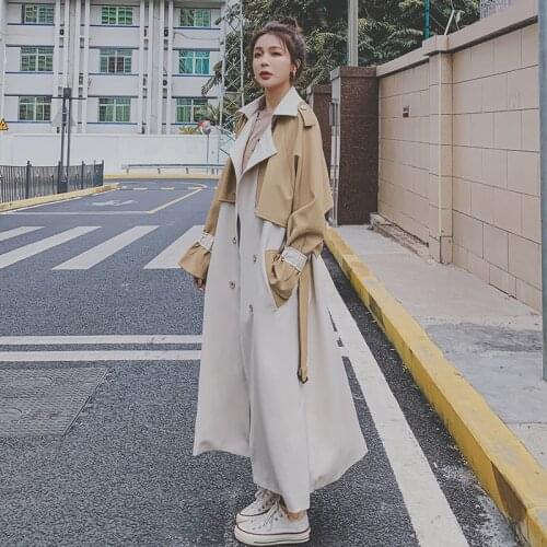 Brand New Women Trench Coat Double-Breasted Long Beige Yellow Patchwork Duster Coat for Lady Spring Autumn Fall Female Outerwear