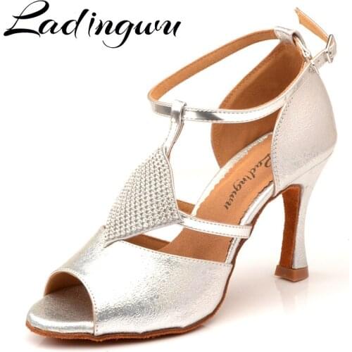 Ladingwu Dance Shoes Latin Women Elegant design Salsa Dance Shoes Silver texture PU Ballroom Dance Shoes Sotft Bottom Sandals