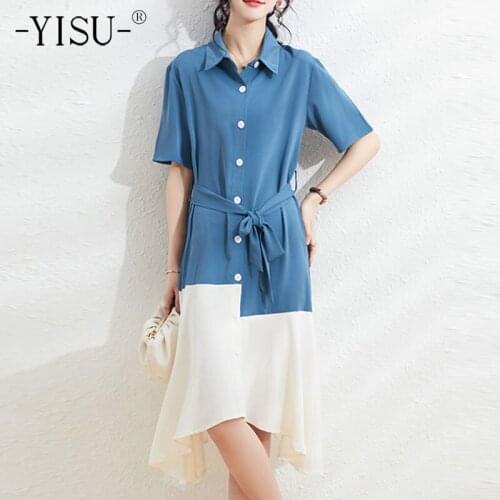 YISU Summer Women Dress Shirt collar Stitching color Knitted Dress 2021New Middle sleeve Knee-length skirt Casual Female Dress