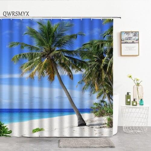 Blue Sky Ocean Beach Coconut Tree Landscape Shower Curtains Fabric Hooks Bath Curtain Home Decor Hanging Cloth Bathroom Products