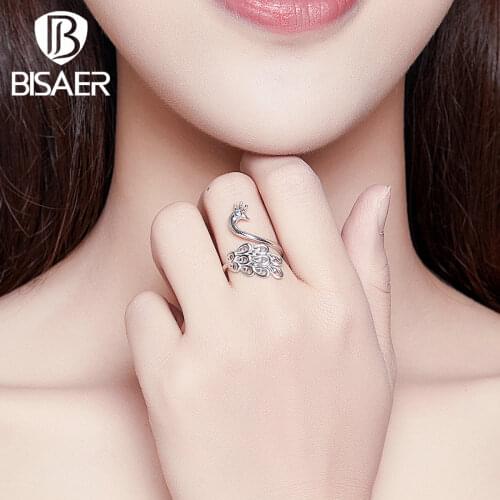 Peacock Rings BISAER 925 Sterling Silver Fashion Peacock Shape Finger Rings for Women Luxury Silver Jewelry ECR592