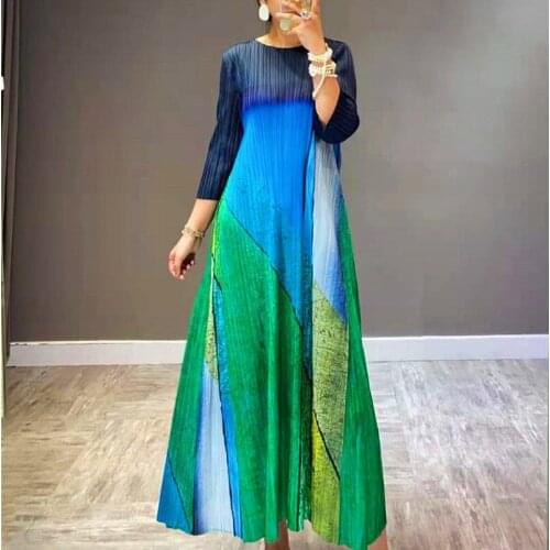 Miyake Pleated 2021 Autumn Vintage Fashion French European Dress Female Plus Size Long Dress Indian Dress Traditional