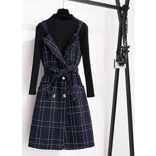 High Quality Fall New Fashion Double-breasted V-Neck Plaid Tweed Party Dress + Full-Sleeve Woolen SweaterSet Matching Sets Women