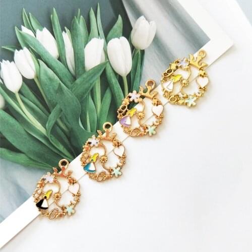 10pcs/lot Wreath Alice Girls Floating Enamel Charms Gold Color Alloy Pendant Fit Necklace Bracelet Earring DIY Jewelry Accessory