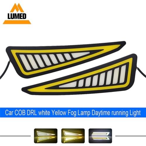 2pcs Car LED DRL Fog Lamp Waterproof Daytime Running Light Flexible COB Driving LED Strip Lights White+Yellow Two-tone