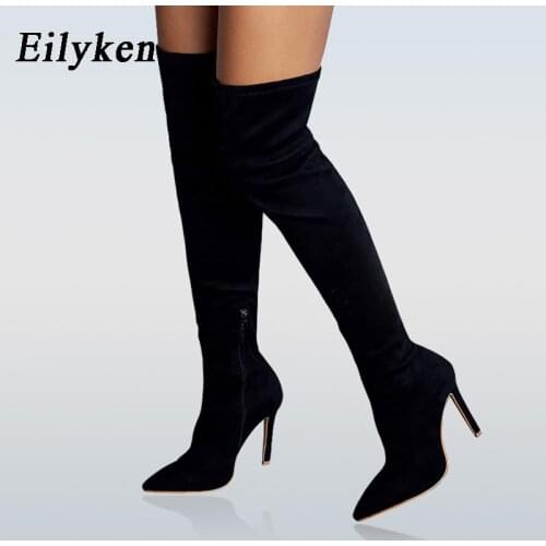 Eilyken Black Thigh High Boots Fashion Zip Fetish Thin High heels Woman Pointed Toe Over the knee Boots Shoes Plus Size 35-42