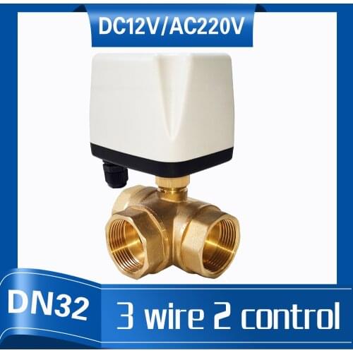DN32 3 bore Electric mixing Valve DC12V, Motorized ball Valve 1-1/4" brass valve with 3 lines control for solar heating system