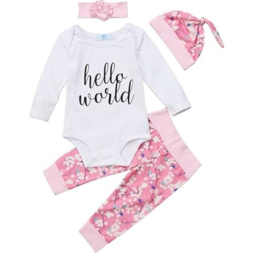 4PCS Newborn Baby Girls Clothes Sets Hello World Infant Romper+Pants Hat Cotton Outfits 0-24M