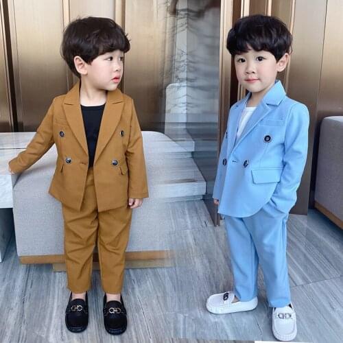Autumn Childrens Double Breasted Suit Set Korean Boys Wedding Party Performnance Costume Kids Blazer Pants 2pcs Outfit