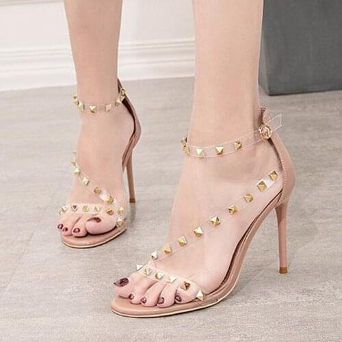 LEOPARD LAND Summer Thin High Heel Riveting Nail Shallow Mouth Pointed Sexy Nightclub Hollow A- Line Womens Sandals ZWM