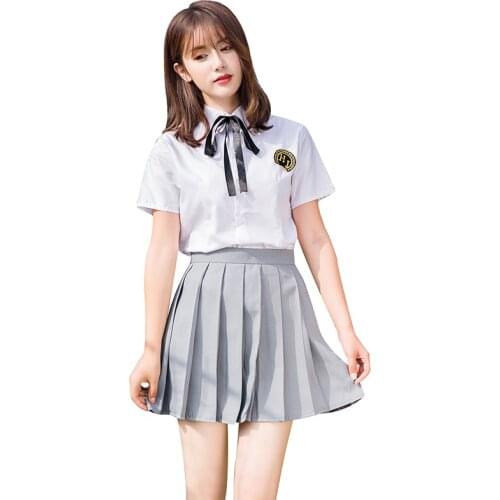 Hot Korean Japanese School Uniforms Jk College Style Girls Short Sleeve Tops+tie+skirt+cardigan Gray Pleated Skirt British Style