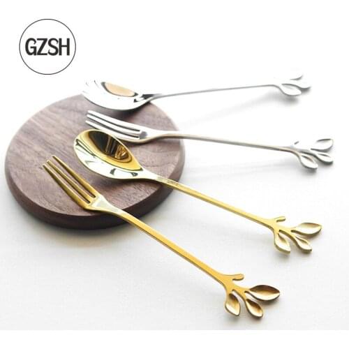 GZSH Flower Pattern Coffee Spoon Dessert Spoon Leaf Shape Spoon Fruit Fork Golden Stirring Spoon Dessert Fork #04