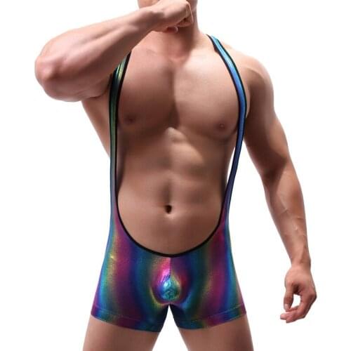 Men Rainbow Shiny Nylon Bodysuit Jumpsuit Crotch Lingerie Sexy Hot Erotic Mens Fashion Bodysuit perform costume outfit