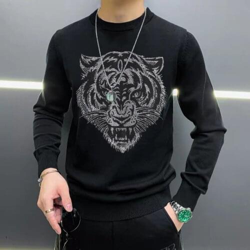 Mens Sweater Long-Sleeved Casual Pullover Knitted Round Neck Luxury Brand Tiger Top Star Black And White M-5xl
