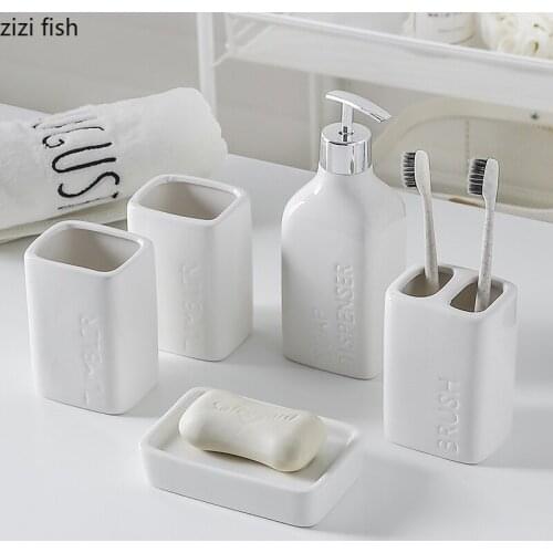 Simple White Ceramic Bathroom Accessories 5pcs/set Portable Soap Dispenser Mouth Cup Toothbrush Holder Soap Dish Bath Supplies