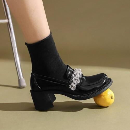 Womens Retro Platform Square Toe Rhinestones Crystal Creepers Gothic Oxfords Pumps White Japanese Harajuku Shoes Real Leather