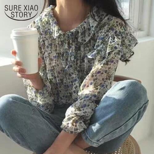 2020 Autumn New Long Sleeve Women Tops Blouse Printed Wild Chiffon Blouse Korean Clothes Vintage Ruffled Pink Shirts Women 10336