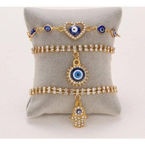 Turkish Evil Eye Bracelet For Women Double Layer Shiny Zircon Palm Starfish Hollow Heart Pendant Bracelet Girl Party Jewelry