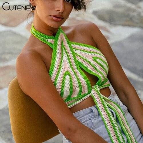 Cutenew Summer Sexy O-Neck Halter Bandage Wild Basic Rib Knit Patchwork Women Crop Top 2021 Beach Streetwear Club Lady Tank Tops