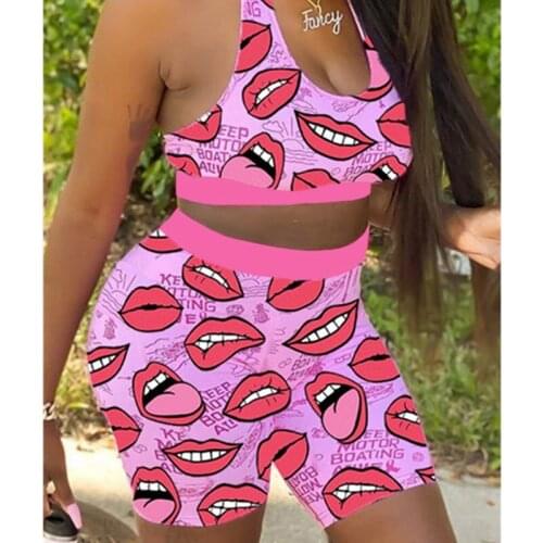 Womens suit fashion floral print sexy U-neck sleeveless top and shorts suit