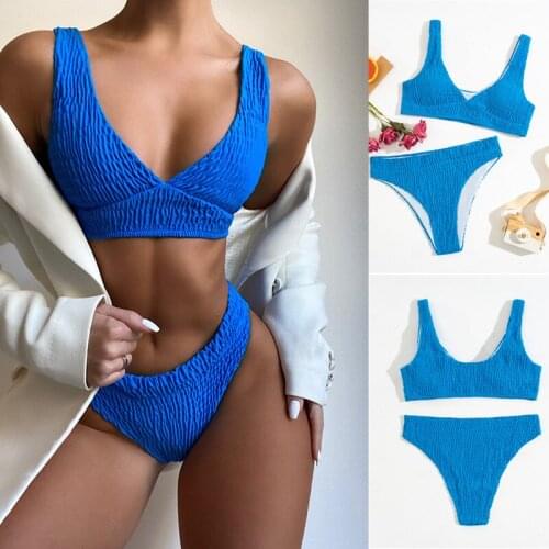 6 Colors Summer Women 2Pcs Bathing Suit Ladies Deep V Neck Sleeveless Solid Color Shirred Bikini Tops+Shorts Set Swimsuits