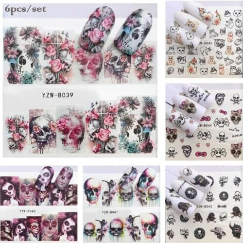 6pcs/set Halloween Skull Nail Stickers Black White Dandelion Water Transfer Nail Art Color Summer Ice-cream Manicure Decoration