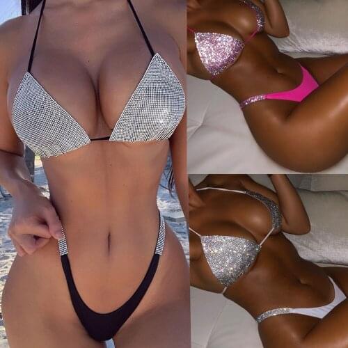 Y2K Solid Bikini With Diamonds Sexy Push Up Bikini Swimwear For Summer High Waist Womens Swimsuit Fashion Separate Swimsuit