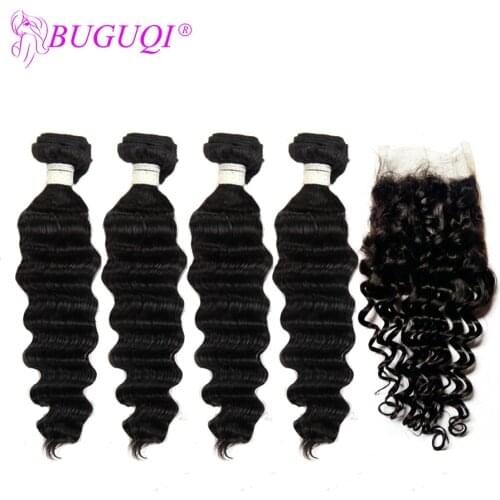 BUGUQI Brazilian Deep Wave Bundles With Closure Non-Remy Human Hair 4 Bundles With Lace Closure Human Hair Extensions