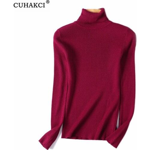 CUHAKCI Femme Fashion 2020 Autumn Winter Women Knitted Turtleneck Sweater Foldover Casual Soft rib Jumper Stretchable Pullover