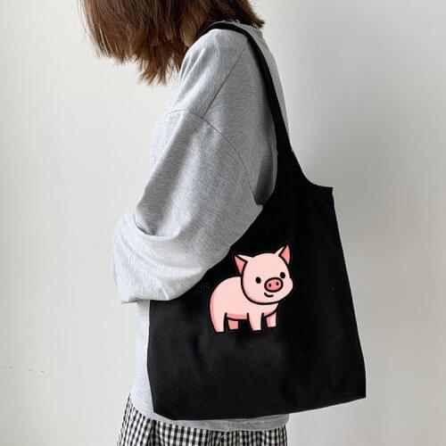 Pig Cartoon Shoulder Canvas Bags Harajuku Large Capacity Messenger Bag Casual Shopping Bag Handbag Cute Women Bag Purse Foldable